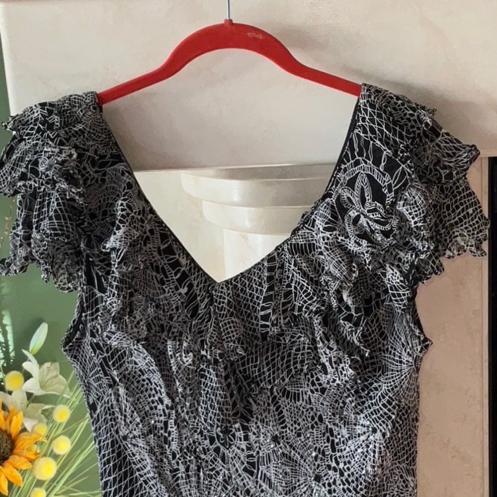 Eva Blue Dress Black & White Lightly Beaded Ruffles at Neck & Hem Size 16